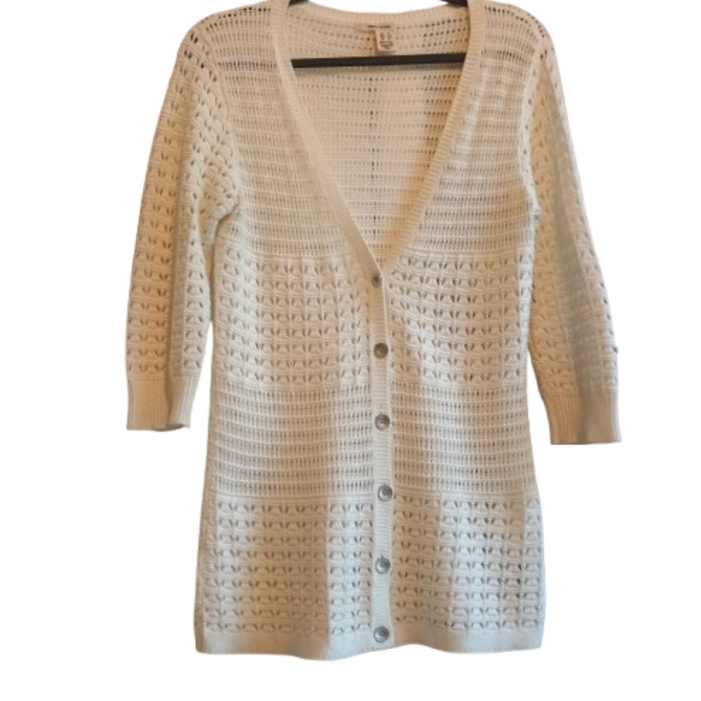 DKNY 100% Cotton Open Weave Cardigan Sz S Long Boho Layering Coastal Grandma
